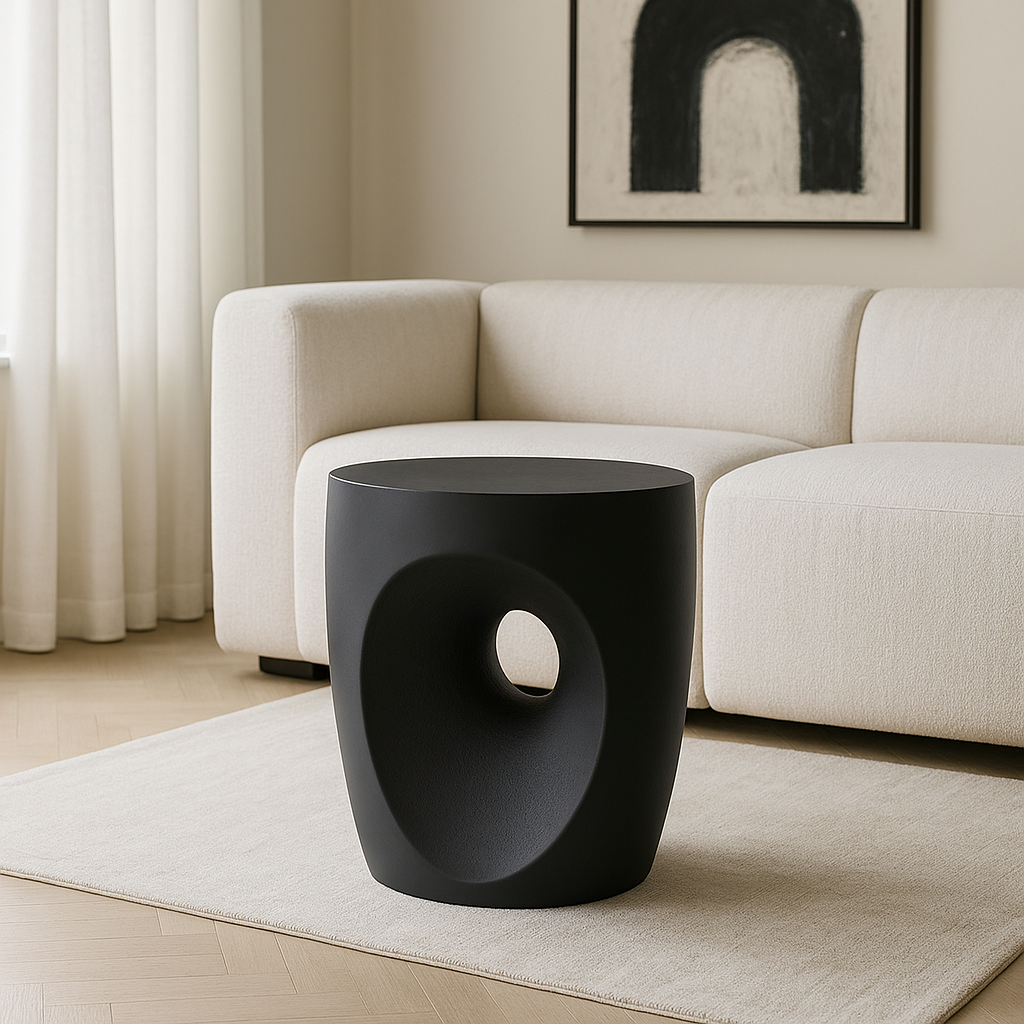Sculpted Drum Accent Table – Matte Black Concrete
