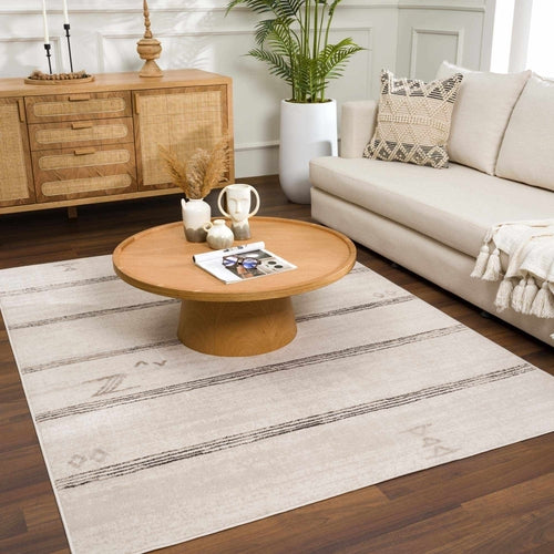 Cream and Charcoal Striped Boho Area Rug