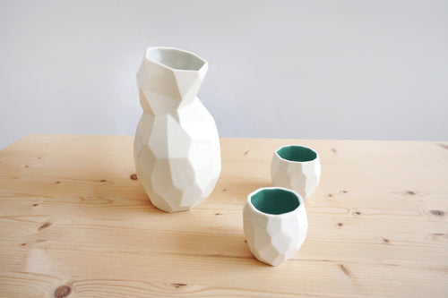 Geometric Porcelain Sake Set with Colored Interior – Three-Piece Collection