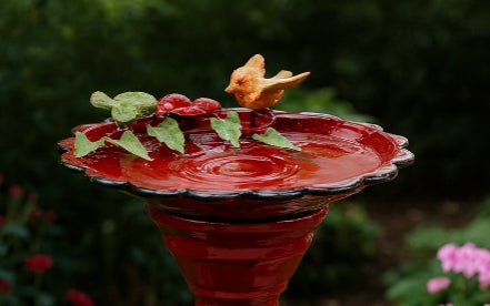 Scarlet Bloom Metal Birdbath
