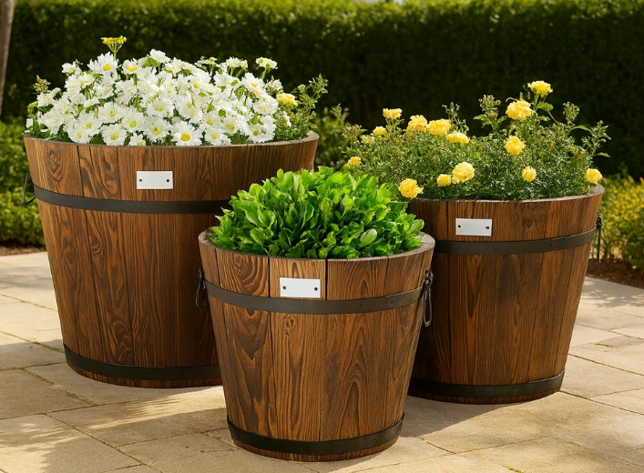 Harvest Oak Barrel Planter Trio