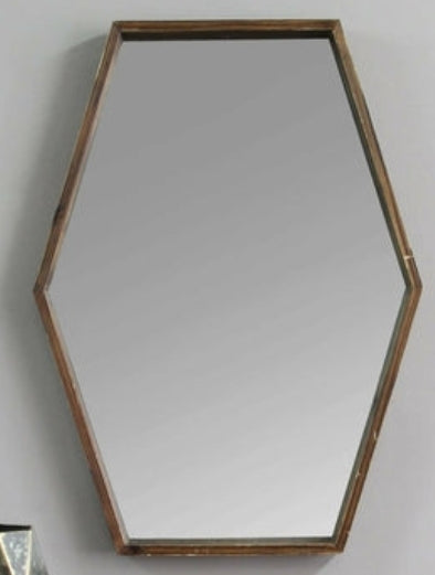 Hexagonal Wall Mirror with Three-Dimensional Dark Wood Frame