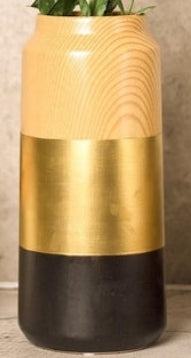 Modern Wood-Accented White & Gold Ceramic Vase