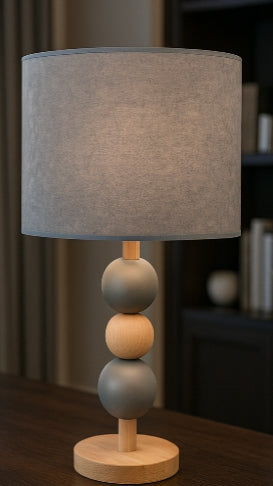 Warm Glow Luxe Table Lamp – Grey Wood Base & Gold-Lined Shade