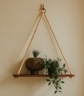 Rustic Adjustable Rope Hanging Wooden Wall Shelf – Handcrafted Natural Wood Display