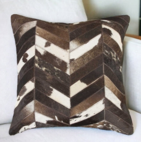Brown and Off-White Chevron Cowhide Throw Pillow