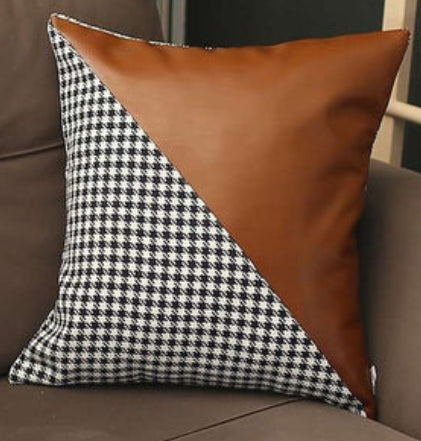 Houndstooth and Faux Leather Split Design Throw Pillow