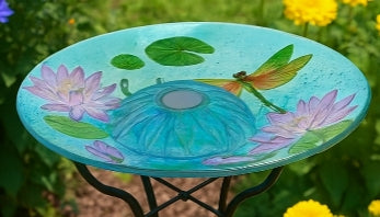 Solstice Glow Dragonfly Glass Birdbath