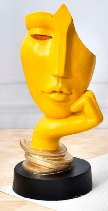 Modern Yellow Abstract Face Sculpture on Gold Base