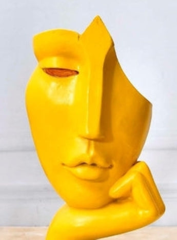 Modern Yellow Abstract Face Sculpture on Gold Base