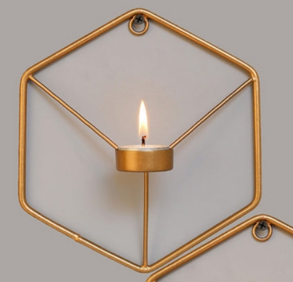 Set of 2 Gold-Toned Wall Mounted Hexagon Tealight Candle Holders