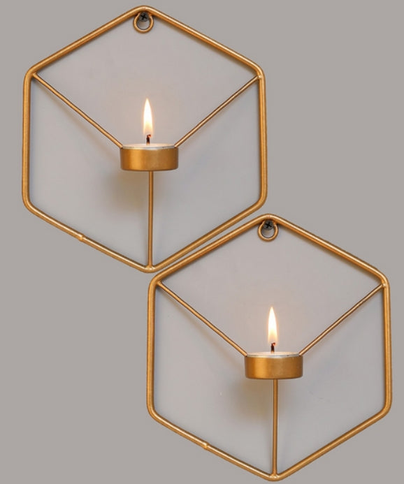Set of 2 Gold-Toned Wall Mounted Hexagon Tealight Candle Holders