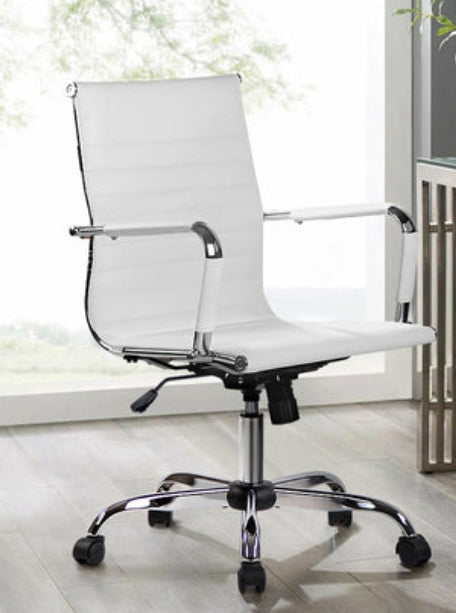 White Leather Mid-Back Swivel Chair with Chrome Accents