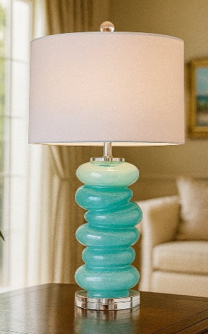 Aqua Glass Stacked Pebble Table Lamp with Crystal Base
