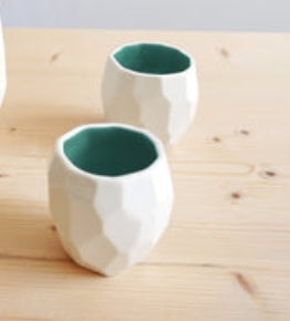 Geometric Porcelain Sake Set with Colored Interior – Three-Piece Collection