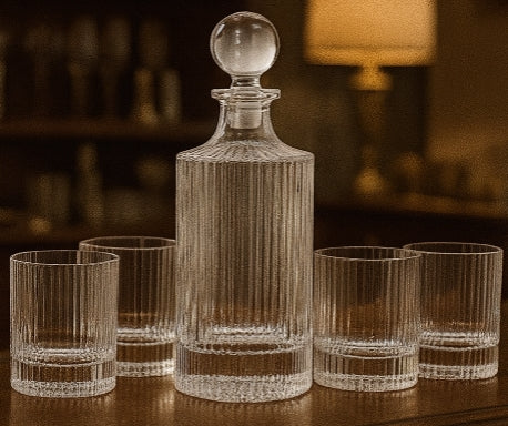 Embossed Glass Decanter and Old-Fashioned Tumbler Set – Five-Piece Collection