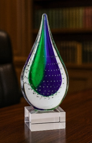 Mouth-Blown Teardrop Crystal Centerpiece on Polished Base – 12" Art Glass Sculpture