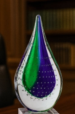 Mouth-Blown Teardrop Crystal Centerpiece on Polished Base – 12" Art Glass Sculpture
