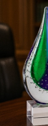 Mouth-Blown Teardrop Crystal Centerpiece on Polished Base – 12" Art Glass Sculpture