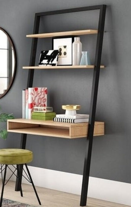 Farmhouse Rustic Oak & Black Leaning Ladder Writing Desk – Compact Design with 2 Shelves