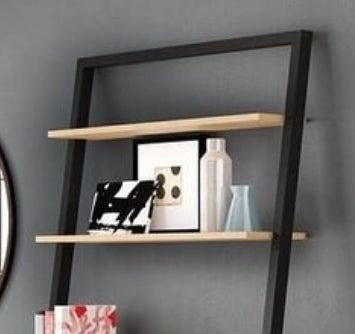 Farmhouse Rustic Oak & Black Leaning Ladder Writing Desk – Compact Design with 2 Shelves