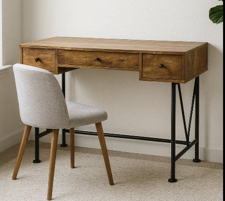 Farmhouse Rustic 3-Drawer Writing Desk – Antique Wood Finish with Black Metal Base