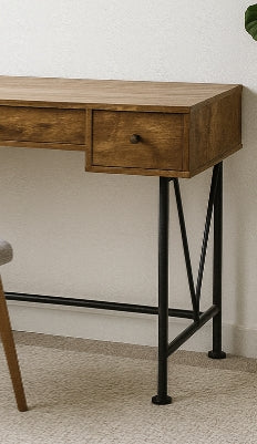 Farmhouse Rustic 3-Drawer Writing Desk – Antique Wood Finish with Black Metal Base