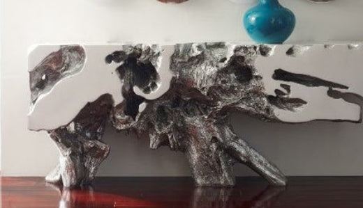 Freeform Silver Leaf Console Table – Large Sculptural Resin Statement Piece