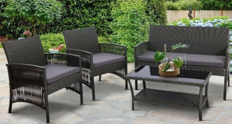 Harp Outdoor Furniture Set – Dark Grey Wicker with Cushions 4-Piece