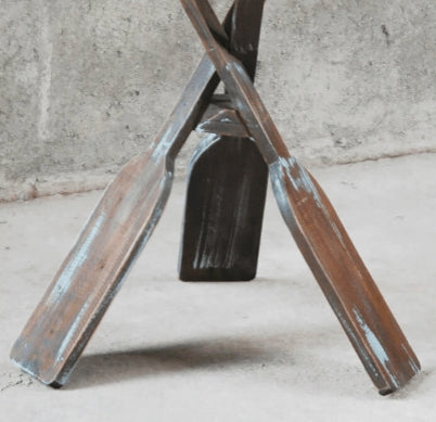Round Boat Oar Accent Table In Distressed Brown/Blue Wood