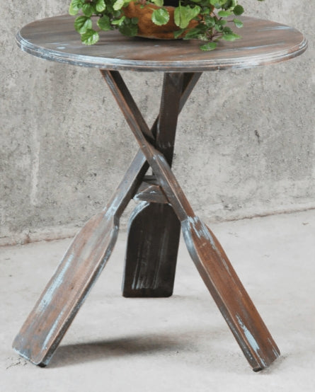 Round Boat Oar Accent Table In Distressed Brown/Blue Wood