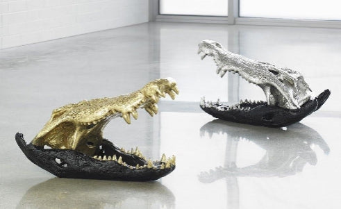 Gold Leaf & Glossy Black Crocodile Skull Sculpture – Modern Luxe Décor