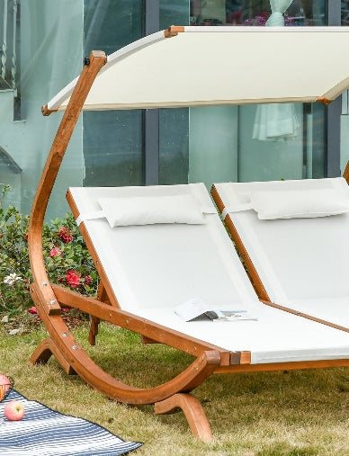 Loveseat Lounge Chair with Adjustable Canopy Shade and 3-Level Backrest – Patio Poolside Wood Frame in Beige