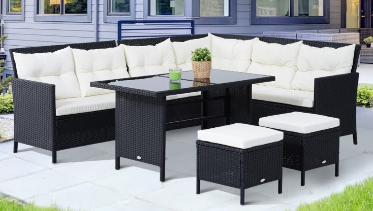Outdoor Rattan Wicker Sofa Set with Cushions and Dining Table – Black 6-Pieces