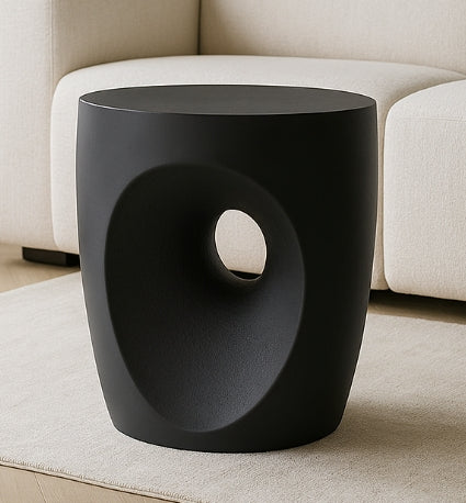 Sculpted Drum Accent Table – Matte Black Concrete