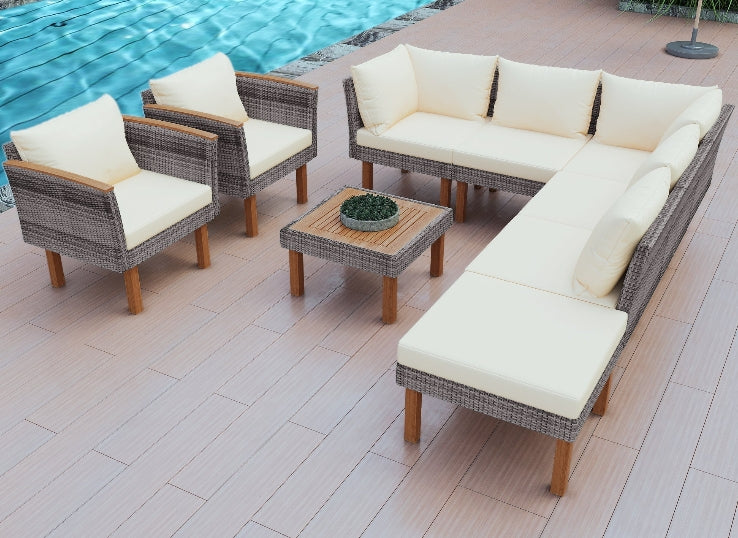 Outdoor Patio Rattan Furniture Set – Beige Wicker Conversation Set with Cushions 9-Piece