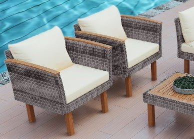 Outdoor Patio Rattan Furniture Set – Beige Wicker Conversation Set with Cushions 9-Piece
