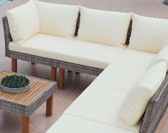 Outdoor Patio Rattan Furniture Set – Beige Wicker Conversation Set with Cushions 9-Piece