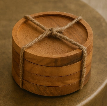 Round Wooden Coasters Set with Holder – Natural Finish (Set of 6)
