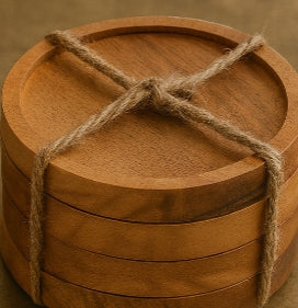 Round Wooden Coasters Set with Holder – Natural Finish (Set of 6)