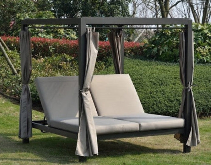 Gray Steel Double Sunbed with Adjustable Back & Cushions