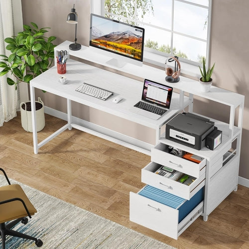 White Computer Desk With File Cabinet And Monitor Stand