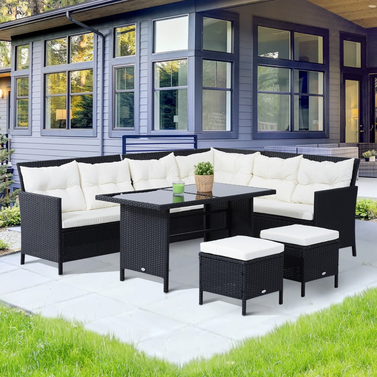 Outdoor Rattan Wicker Sofa Set with Cushions and Dining Table – Black 6-Pieces