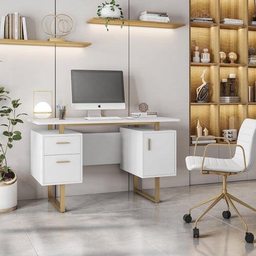 White + Gold Floating Workspace Desk
