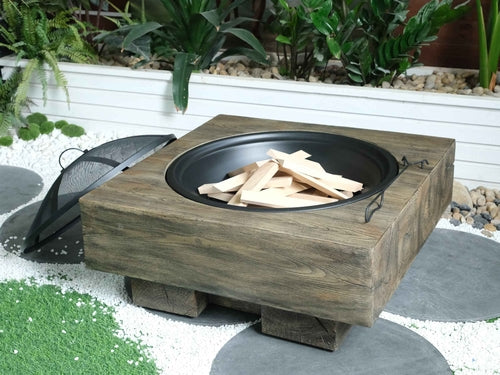 Wood-Grain Composite Fire Pit with Spark Screen – Outdoor Wood-Burning Design