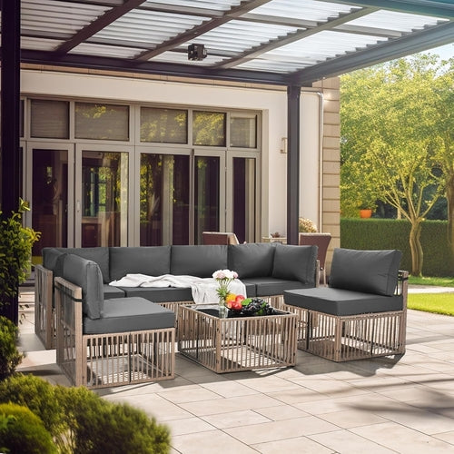 Modular Rattan Sectional Set with Reclining Corner Chairs 7-Piece