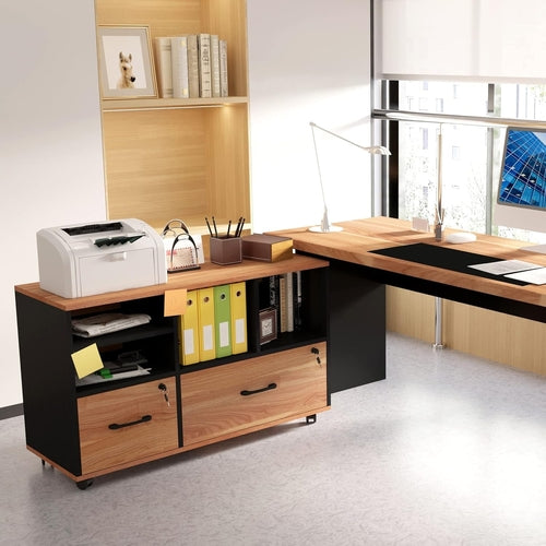 Wooden 2-Drawer Lockable Rolling File Cabinet with Adjustable Shelves