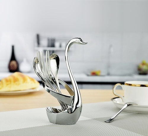 Stainless Steel Swan Cutlery Holder with Six-Piece Flatware Set