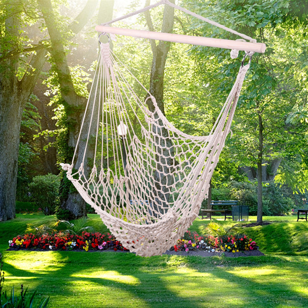 Beige Hanging Rope Air Chair – Cotton Hammock Swing for Outdoor Relaxation