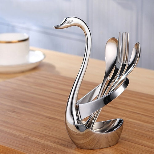 Stainless Steel Swan Cutlery Holder with Six-Piece Flatware Set